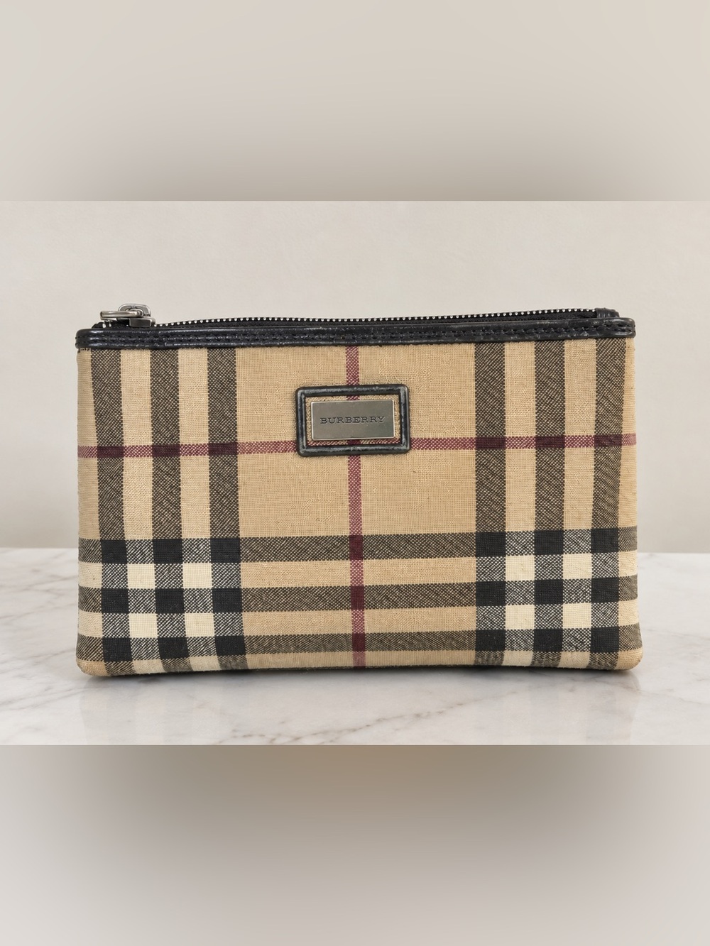 BURBERRY Pouch House Check Brown Beige Canvas and Leather Trim Vintage